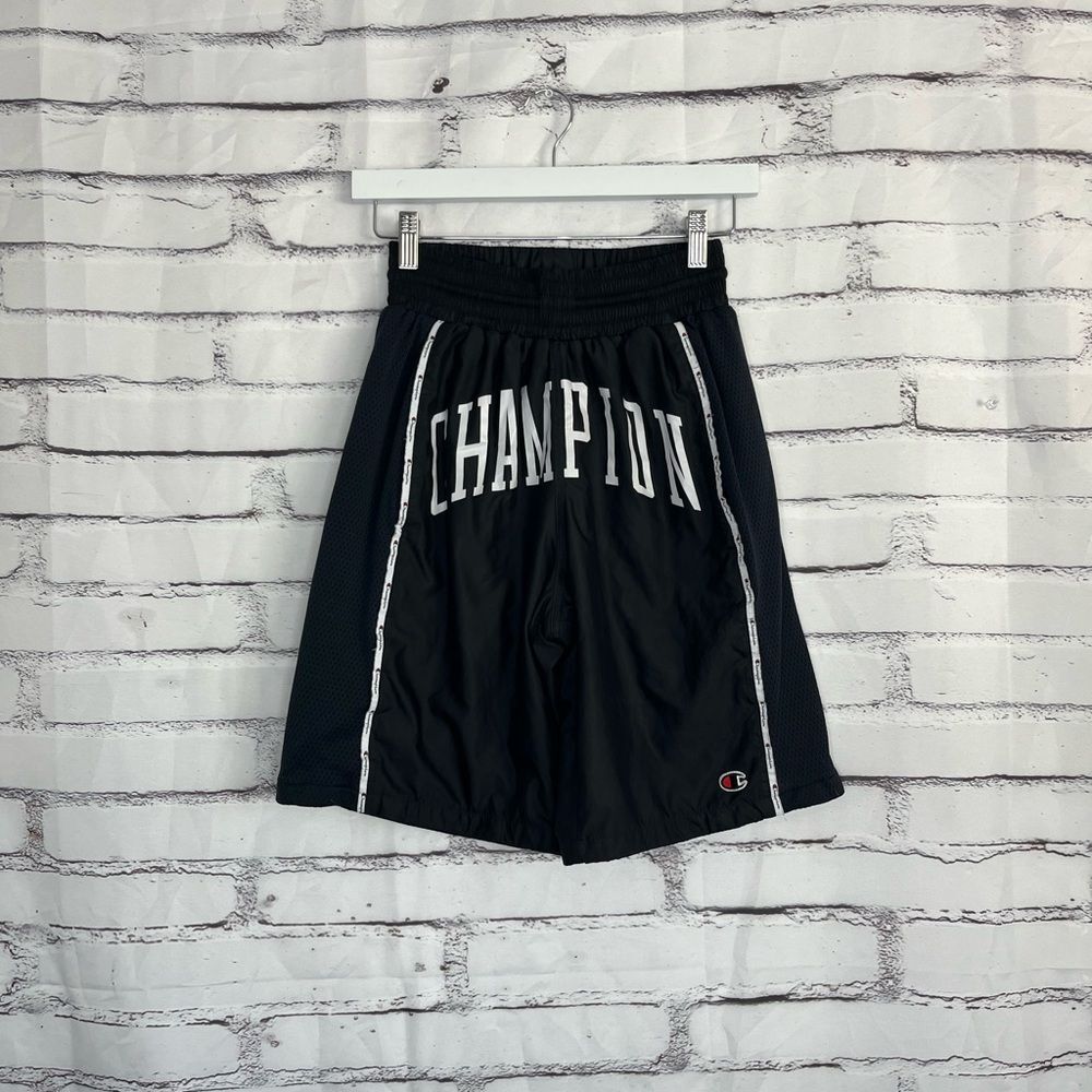Champion Black Mesh Shorts Men’s Small Bold Logo Athletic Basketball Tape Trim